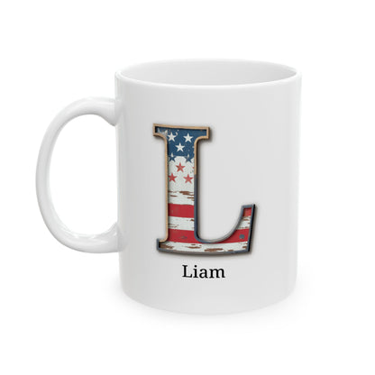White American Flag Mug with Letter L and Name Liam Personalized Patriotic Coffee Cup Gift for Veterans Military or Proud USA Supporters