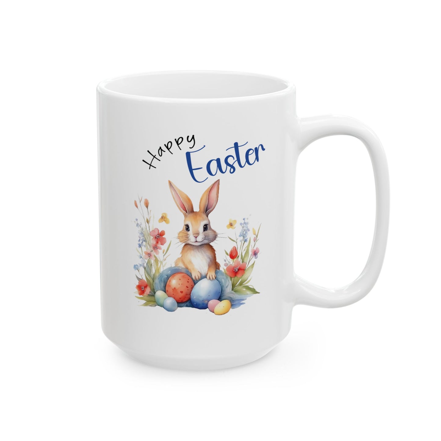 Happy Easter Mug – Cute Bunny with Colorful Eggs & Flowers
