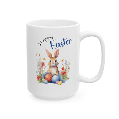 Happy Easter Mug – Cute Bunny with Colorful Eggs & Flowers