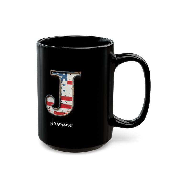 Mug - Patriotic American Flag Letter J with Kevin Name - Vintage Red, White, and Blue Design