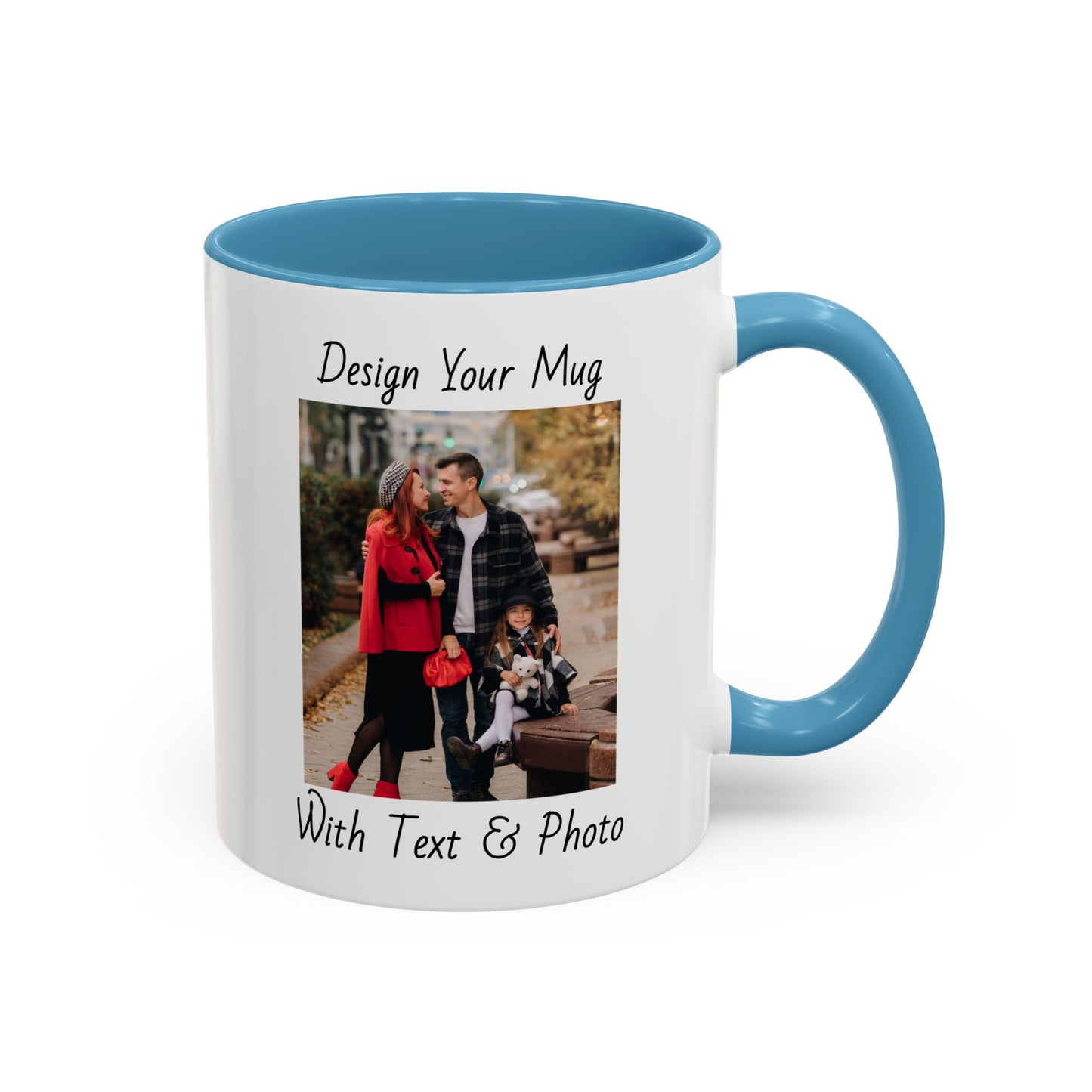 Family Fall Fashion - Mom, Dad, and Daughter in Stylish Outerwear Outdoors Mug