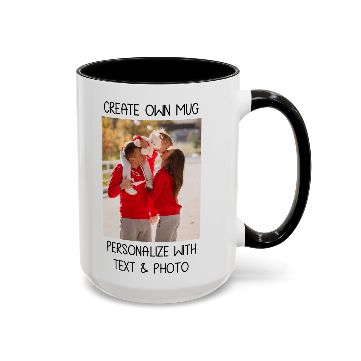 Happy Family Moments in Red Hoodies - Dad, Mom, and Daughter Outdoors Mug