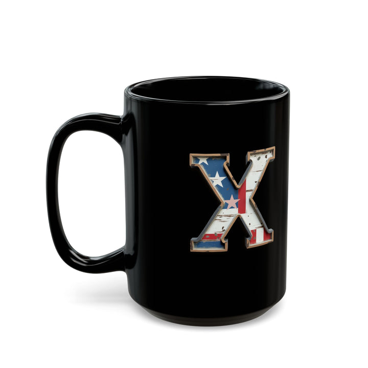 Black USA Flag Letter X Initial Mug – Patriotic Coffee Cup Gift for Men, Veterans, and Proud Americans