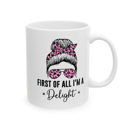 First of All, I'm a Delight – Quirky Mustache Mug with Leopard Print Accents