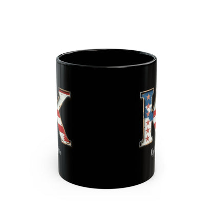 Mug - Patriotic American Flag Letter K with Kevin Name - Vintage Red, White, and Blue Design