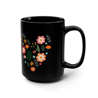 Floral Heart Design Black Mug - Vibrant and Cheerful Gift for Loved Ones