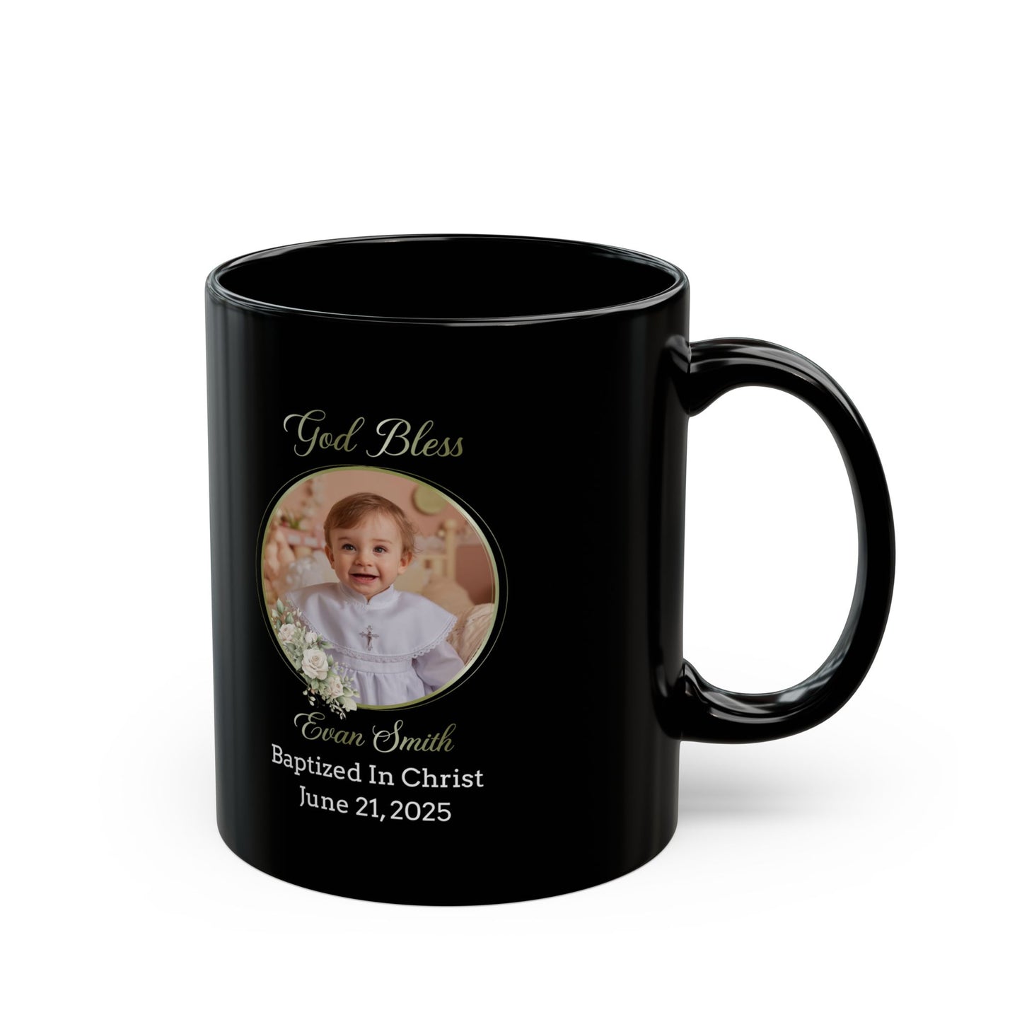Black Personalized Baptism Mug for Boy – Custom Photo and Name Keepsake Gift – God Bless Evan Smith – Christian Baby Baptized in Christ 2025