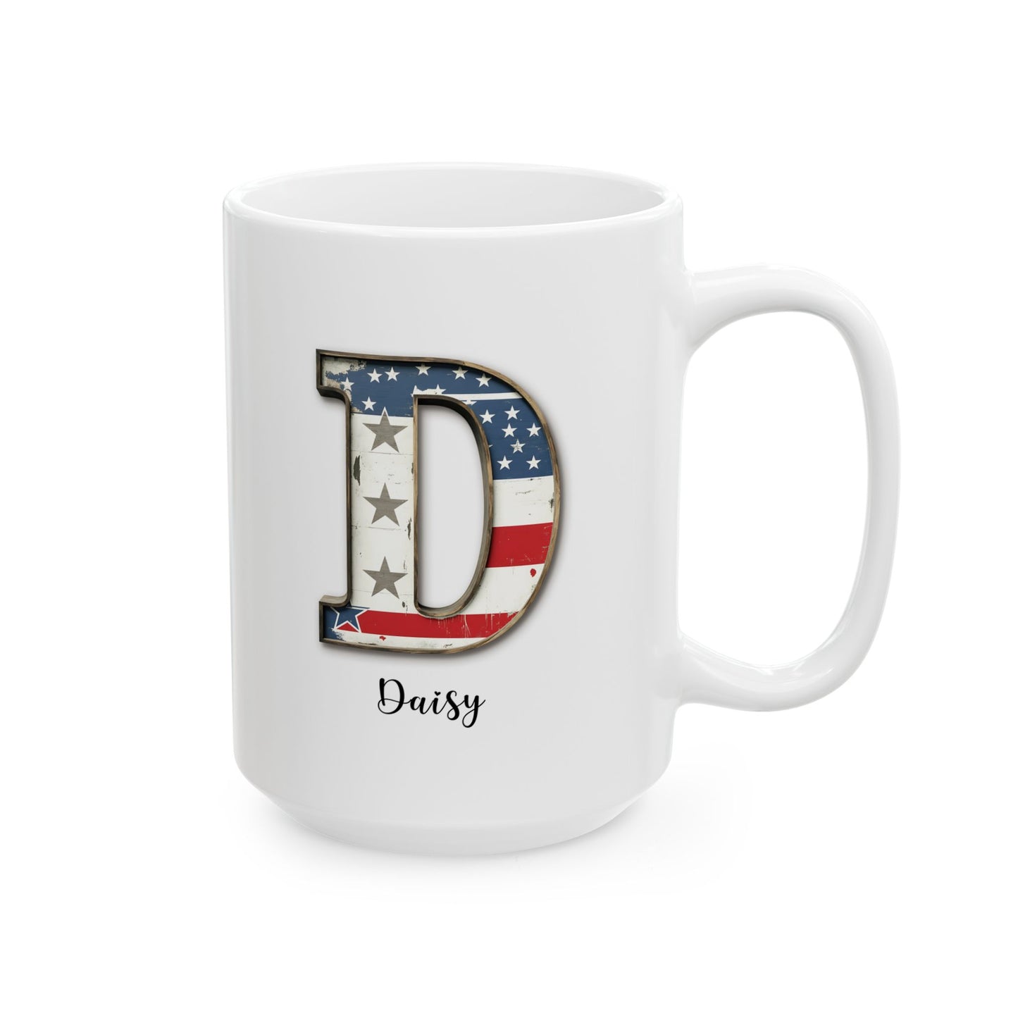 Mug - Patriotic American Flag Letter D with Kevin Name - Vintage Red, White, and Blue Design