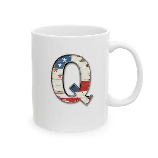 Mug - Patriotic American Flag Letter Q with Kevin Name - Vintage Red, White, and Blue Design