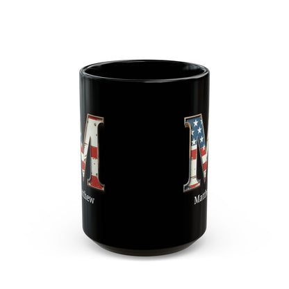 Black American Flag Mug with Letter M and Name Matthew Personalized Patriotic Coffee Cup Gift for Men Veterans or Proud USA Supporters