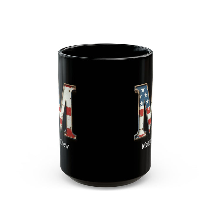 Black American Flag Mug with Letter M and Name Matthew Personalized Patriotic Coffee Cup Gift for Men Veterans or Proud USA Supporters