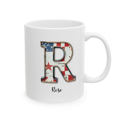 Mug - Patriotic American Flag Letter R with Kevin Name - Vintage Red, White, and Blue Design