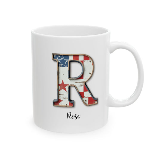 Mug - Patriotic American Flag Letter R with Kevin Name - Vintage Red, White, and Blue Design