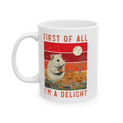 First of All, I'm a Delight Halloween Mug – White Ceramic with Chinchilla and Pumpkins