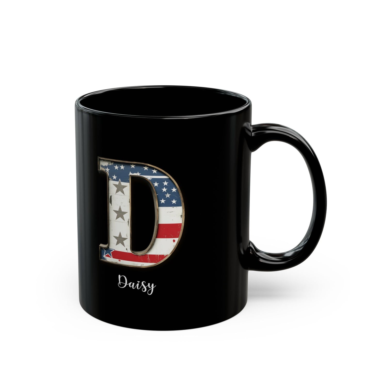 Mug - Patriotic American Flag Letter D with Kevin Name - Vintage Red, White, and Blue Design