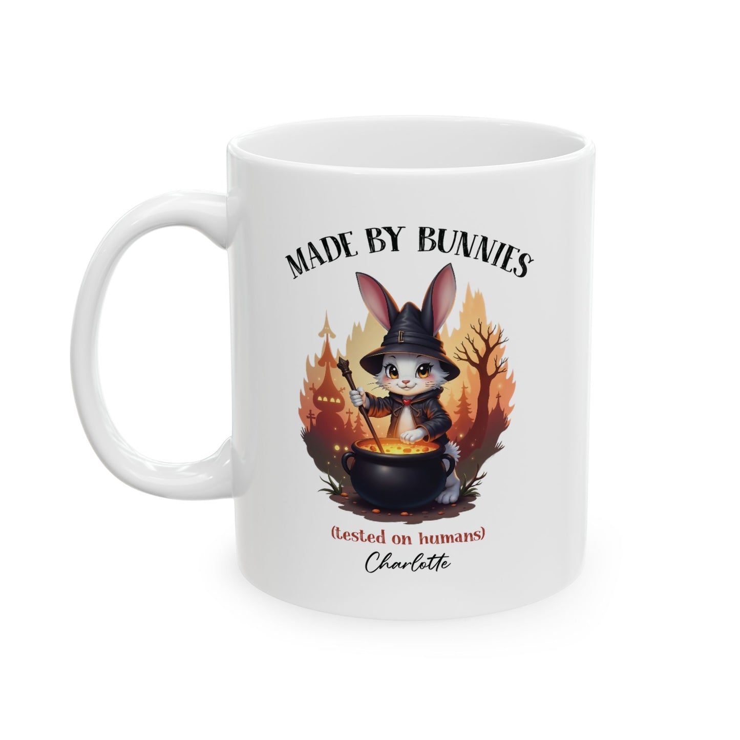 Made By Bunnies Mug – Cute Witch Bunny Gift (Custom Name)
