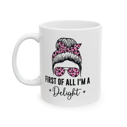 First of All, I'm a Delight – Quirky Mustache Mug with Leopard Print Accents