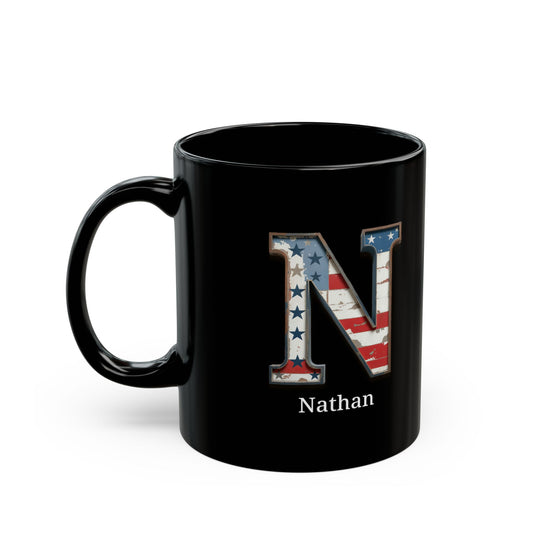 Black American Flag Mug with Letter N and Name Nathan Personalized Patriotic Coffee Cup Gift for Men Veterans or USA Flag Supporters