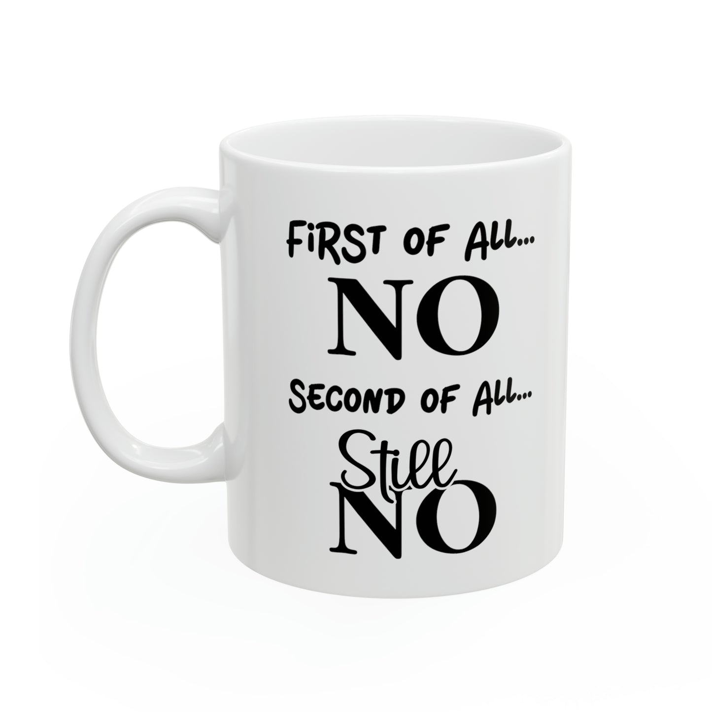 First of All, NO – Humorous Mug for Sassy Moments, Perfect for Coffee Lovers