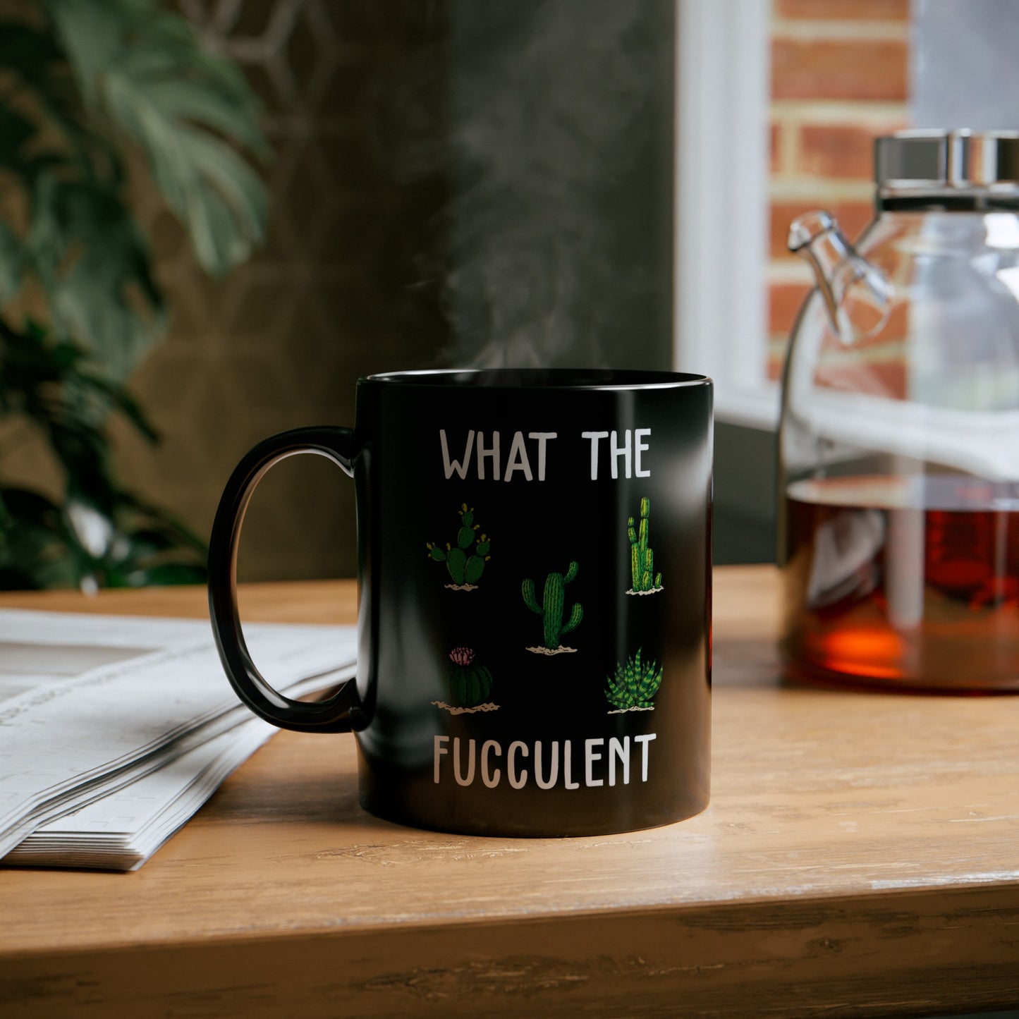 What The Fucculent Mug – Black with Green Succulent Design