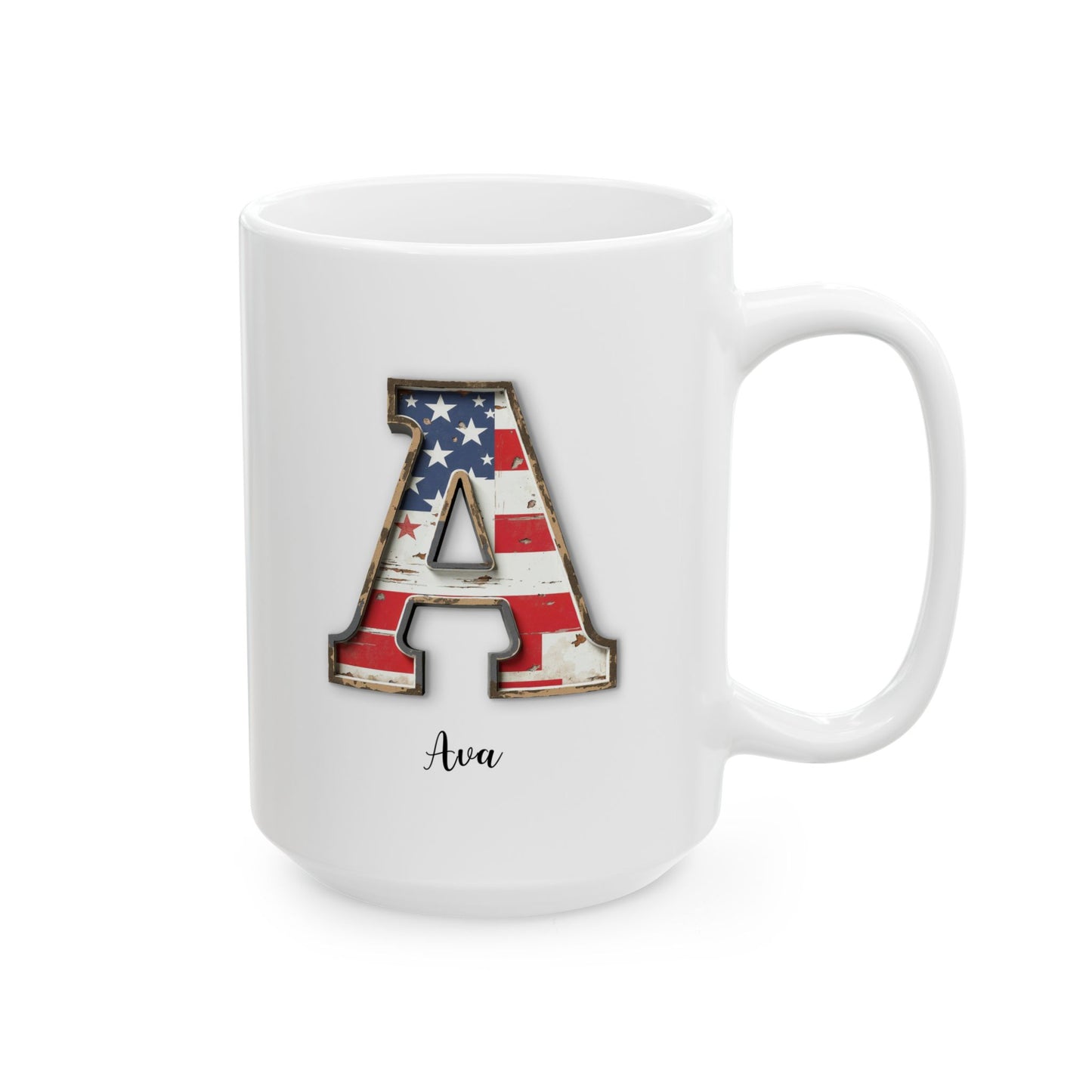 Mug - Patriotic American Flag Letter A with Kevin Name - Vintage Red, White, and Blue Design