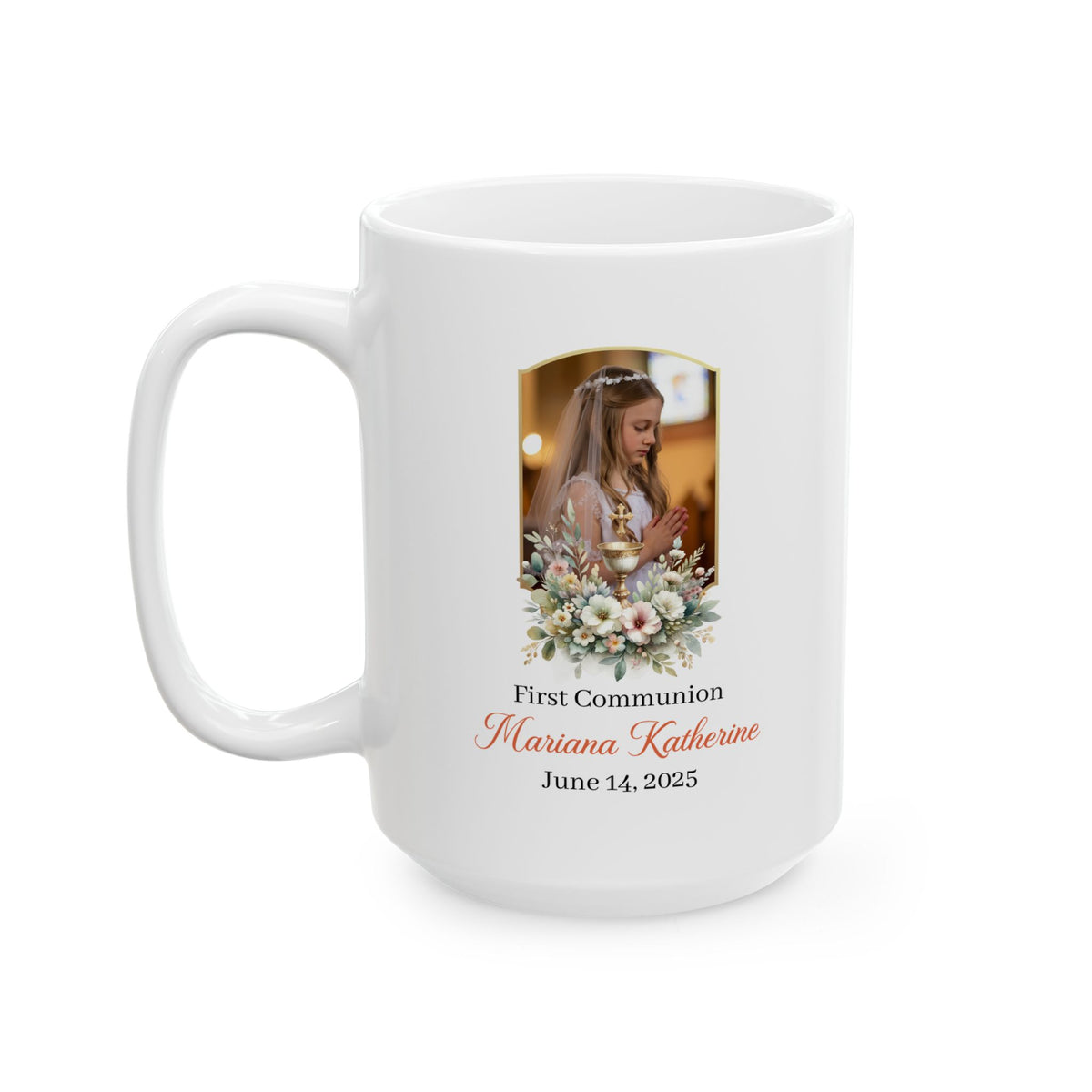 Custom First Communion Gift Mug for Girl – Personalized Keepsake with Name, Date & Photo – Floral Religious Gift for Catholic Celebration