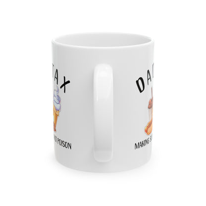 Dad Tax Mug – White with Detailed Snack Graphics