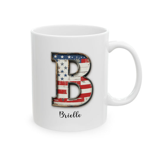 Mug - Patriotic American Flag Letter B with Kevin Name - Vintage Red, White, and Blue Design