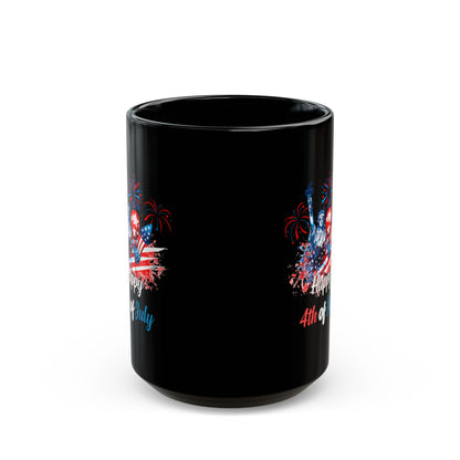 Happy 4th of July Black Mug – Statue of Liberty, Fireworks, Patriotic Gift