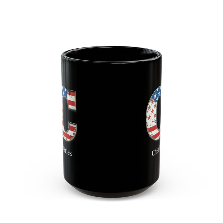 Black Personalized USA Flag Initial Mug with Letter C and Charles Name Gift for Men, Veterans, Patriotic Coffee Lovers