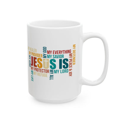 Jesus Is Word Cloud White Mug – Christian Faith Inspiration