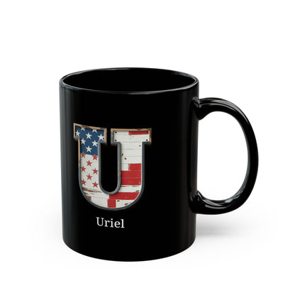 Black American Flag Mug with Letter U and Name Uriel Personalized Patriotic Coffee Cup Gift for Men Veterans or USA Supporters