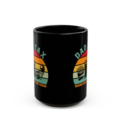 Dad Tax Mug – Black Retro Sunset Design with Snack Graphics