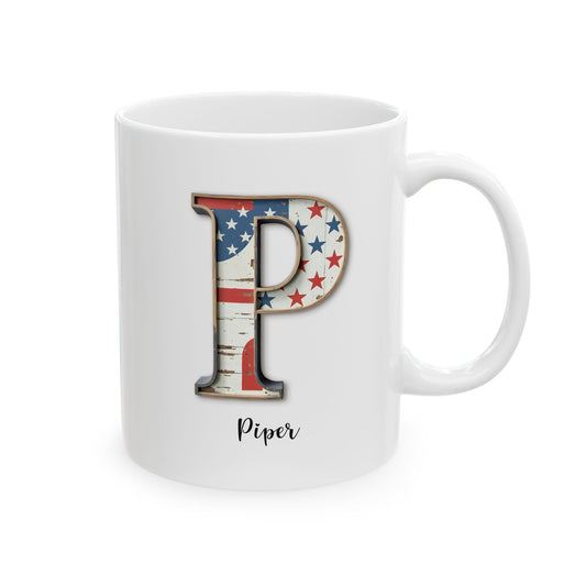 Mug - Patriotic American Flag Letter P with Kevin Name - Vintage Red, White, and Blue Design