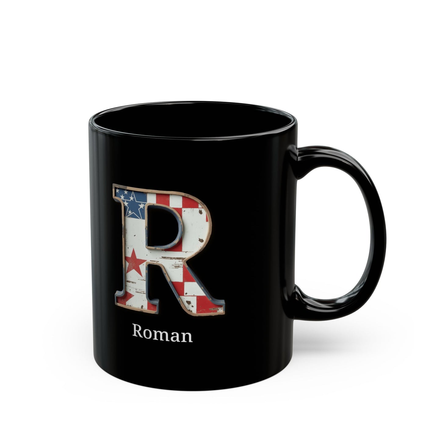 Black American Flag Mug with Letter R and Name Roman Personalized Patriotic Coffee Cup Gift for Men Veterans or Proud USA Supporters
