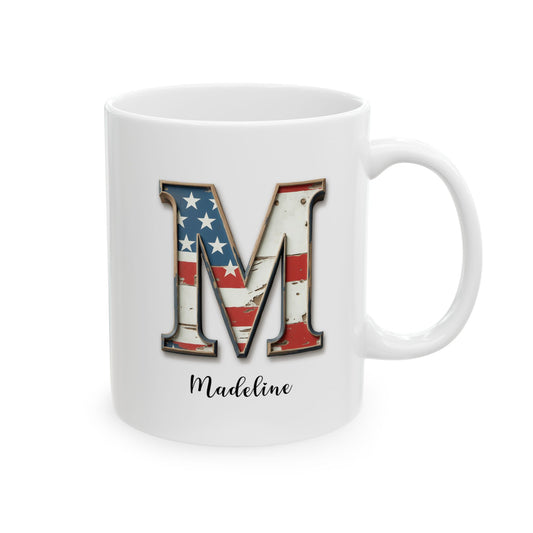 Mug - Patriotic American Flag Letter M with Kevin Name - Vintage Red, White, and Blue Design