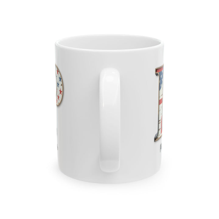 Mug - Patriotic American Flag Letter P with Kevin Name - Vintage Red, White, and Blue Design