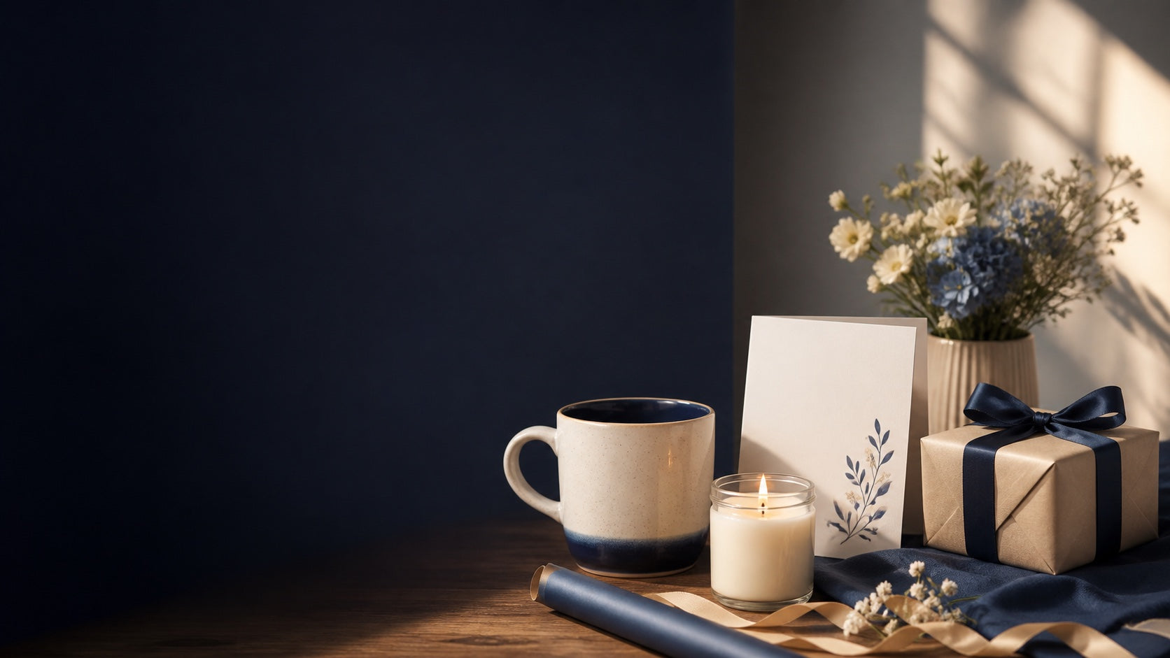 A mug, candle, keepsake card, and wrapped gift arranged for Fluffstyle
